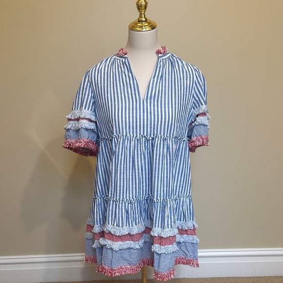 Tuckernuck Striped Blue and White Dress with Red Accents - Picture 1 of 5